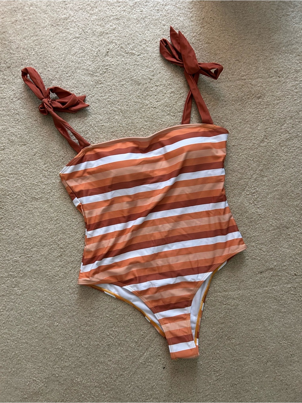 Rust & White Stripe One-Piece Swimsuit with Tie Straps